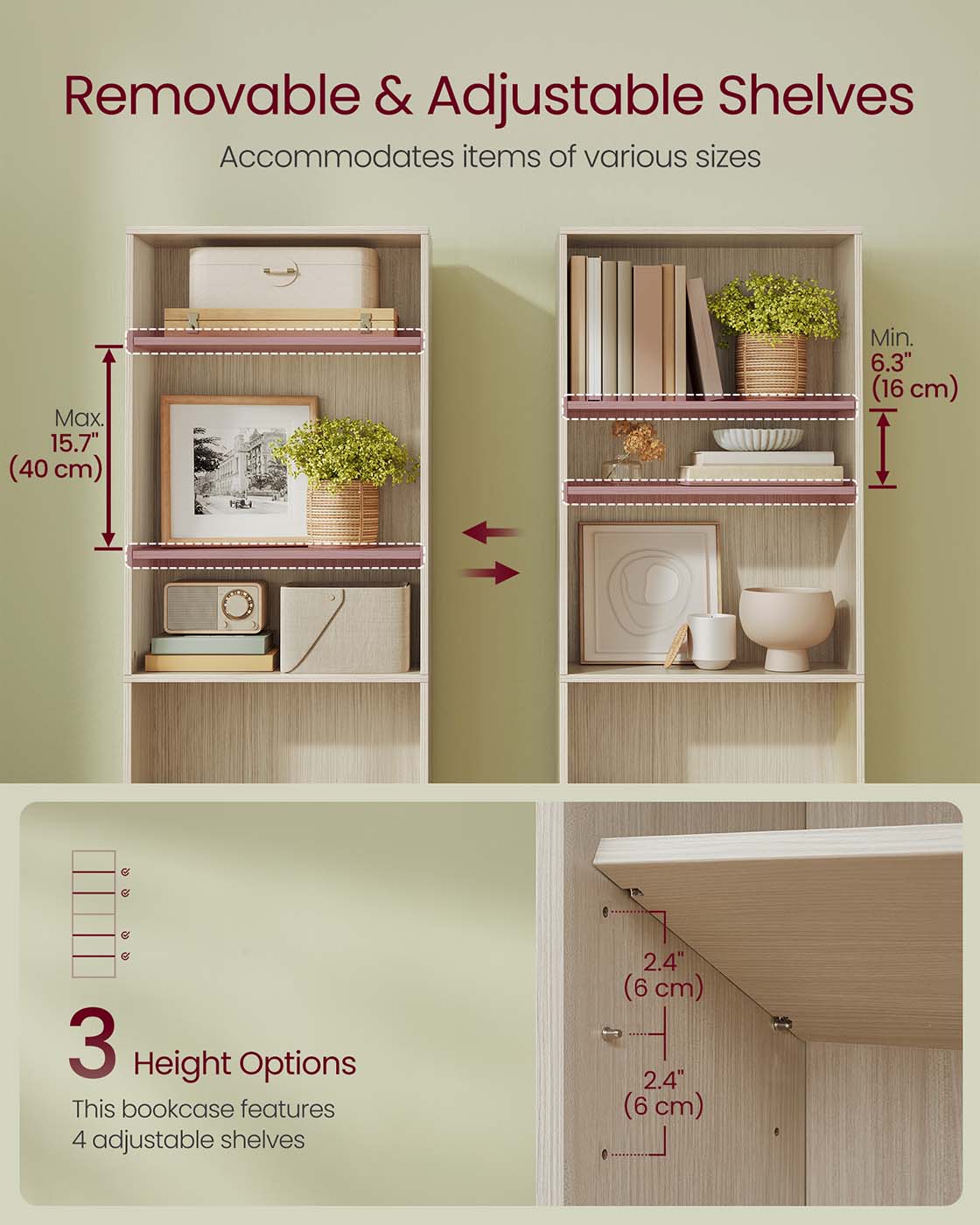Bookcase – Wood – Natural Beige – 6-Tier Open Storage with Adjustable Shelves