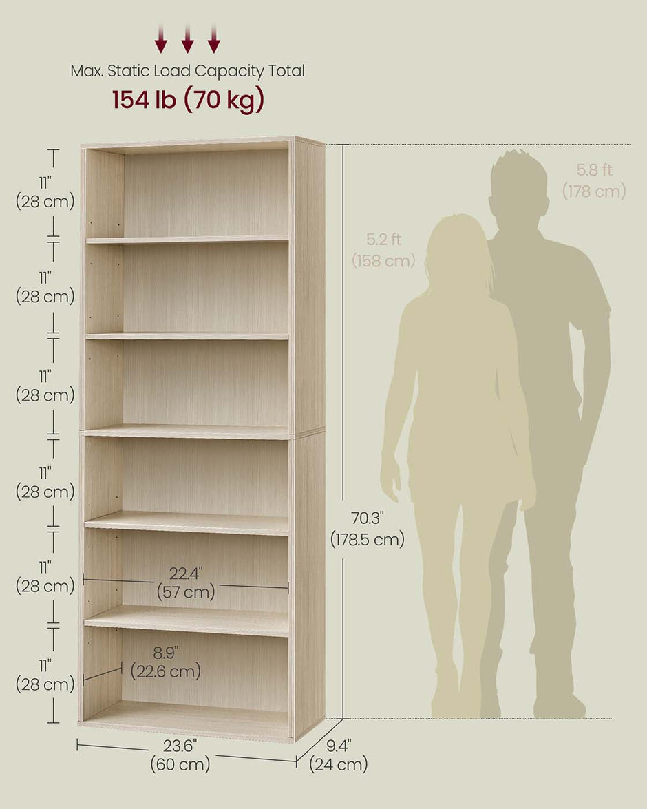 Bookcase – Wood – Natural Beige – 6-Tier Open Storage with Adjustable Shelves