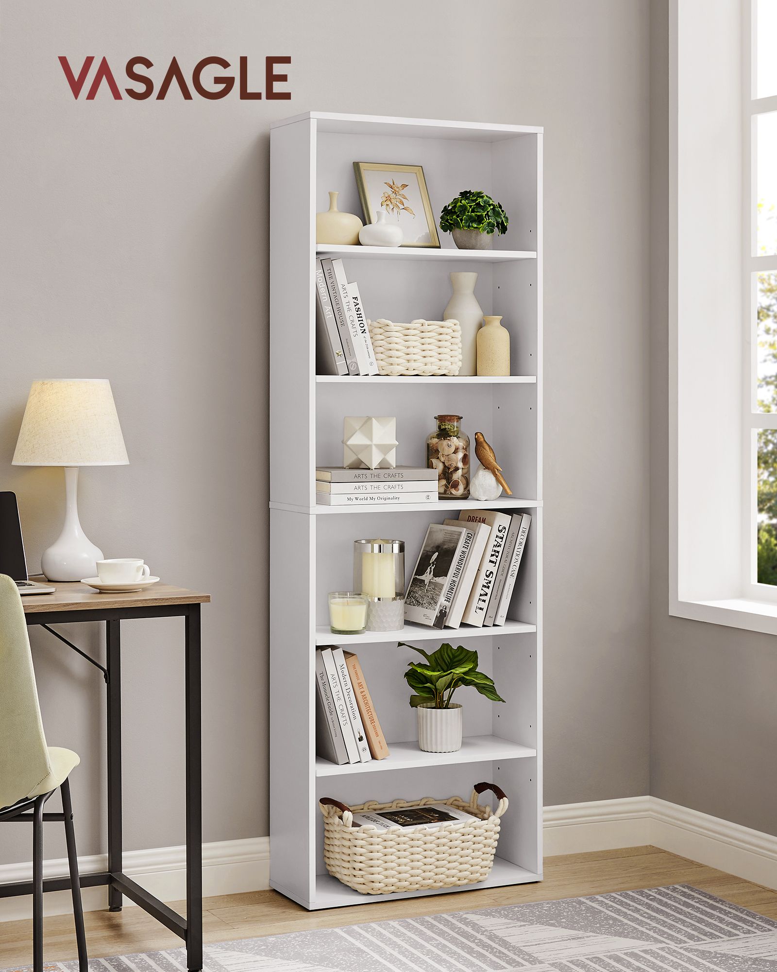 Bookcase – Wood – Cloud White – 6 Adjustable Shelves