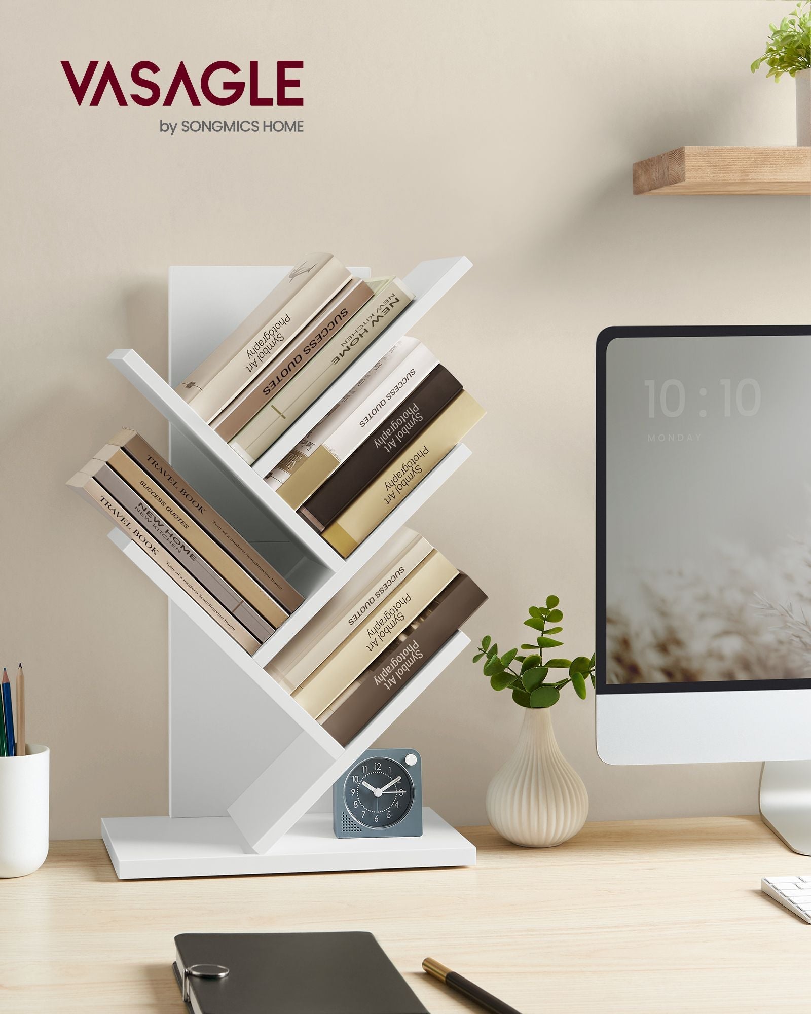 5-Tier Tree Bookshelf – Wooden Shelves – Cloud White – Space-Saving Corner Design