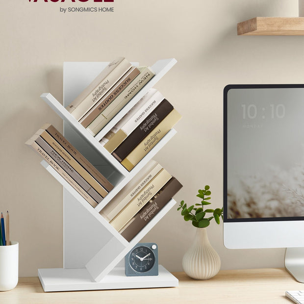 5-Tier Tree Bookshelf – Wooden Shelves – Cloud White – Space-Saving Corner Design