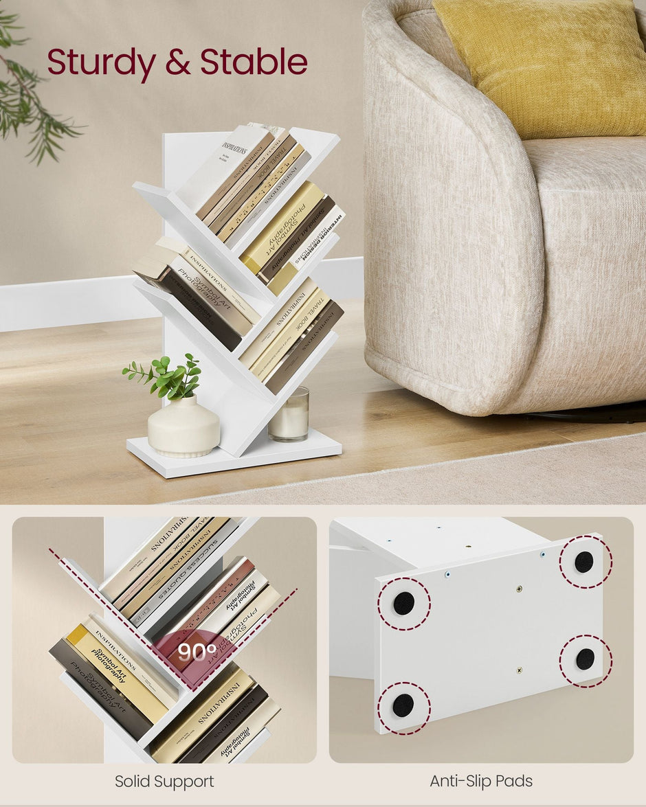 5-Tier Tree Bookshelf – Wooden Shelves – Cloud White – Space-Saving Corner Design
