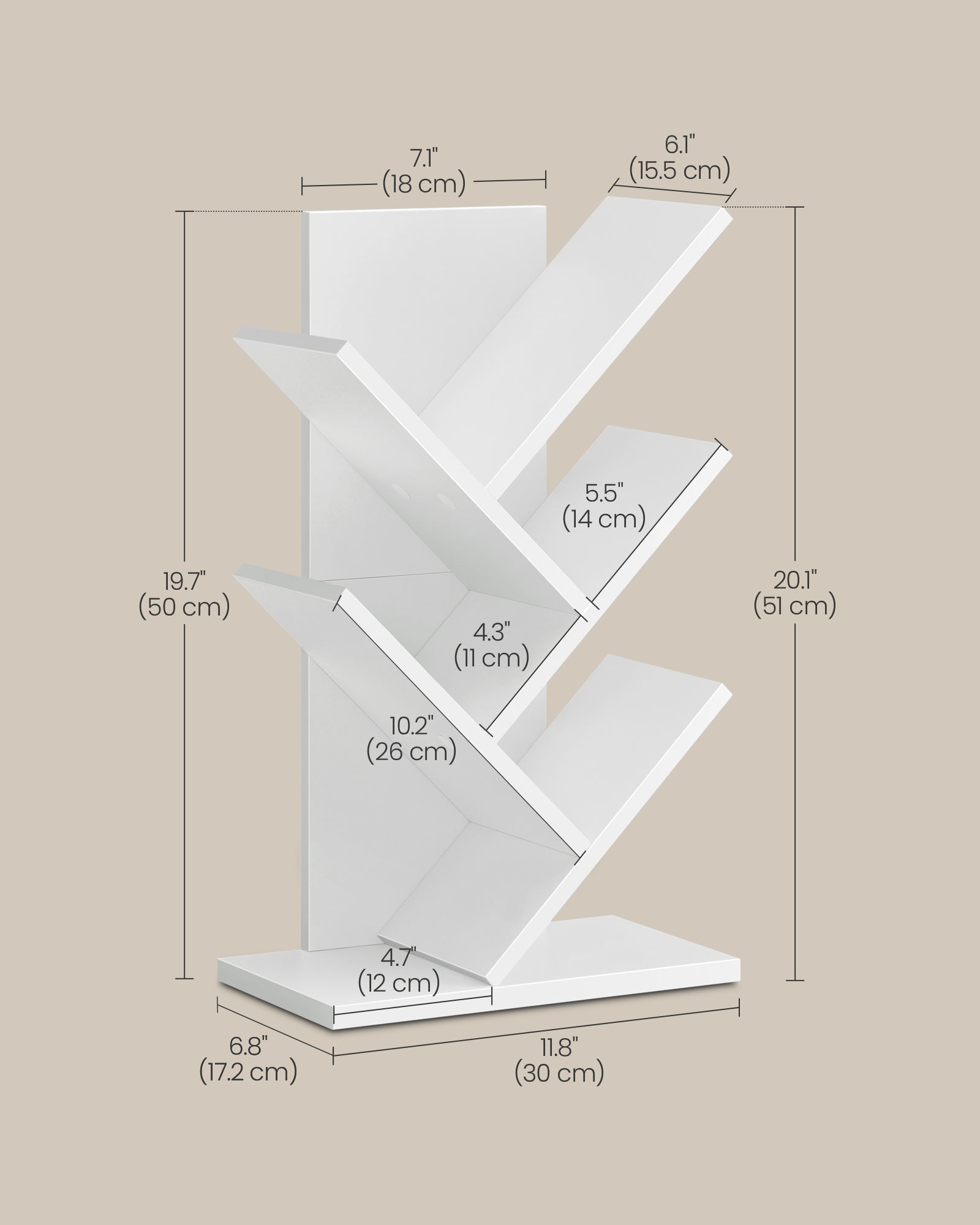 5-Tier Tree Bookshelf – Wooden Shelves – Cloud White – Space-Saving Corner Design