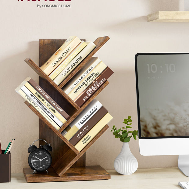 5-Tier Tree Bookshelf – Wooden – Rustic Brown – Space-Saving Floor Standing Design
