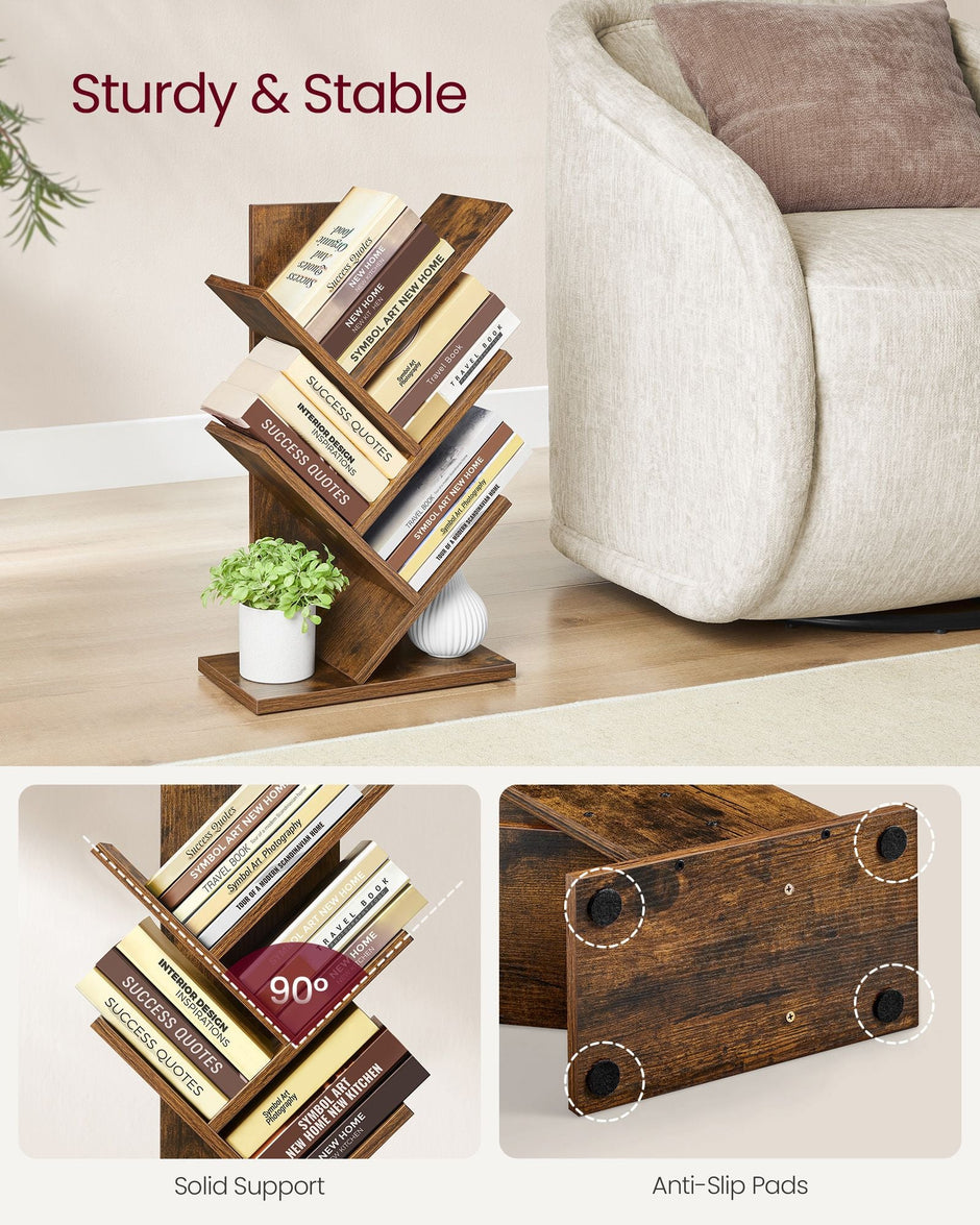 5-Tier Tree Bookshelf – Wooden – Rustic Brown – Space-Saving Floor Standing Design