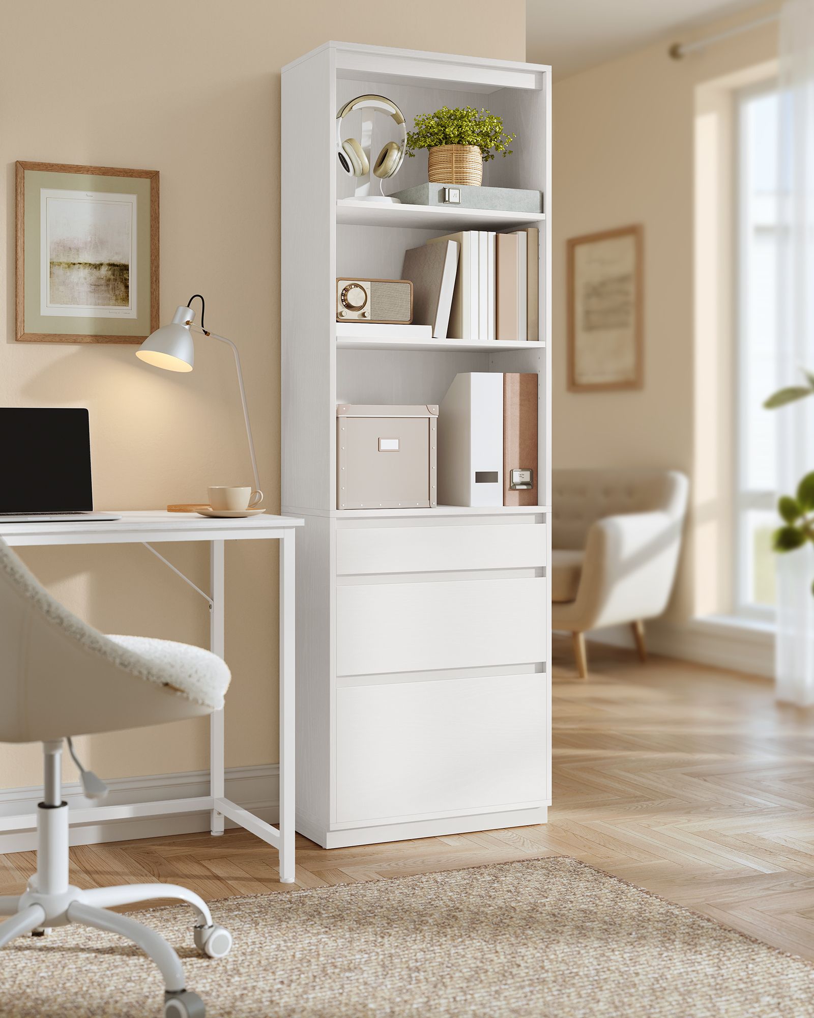 Bookshelf – Engineered Wood – Snow White – 3 Adjustable Shelves, 3 Drawers