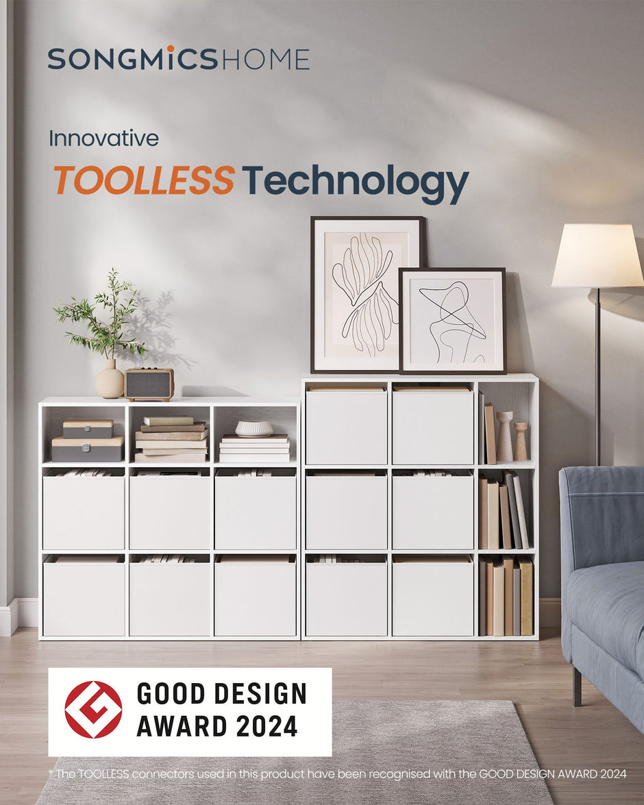 Bookshelf – Engineered Wood – Snow White – 6 Fabric Drawers – Toolless Assembly