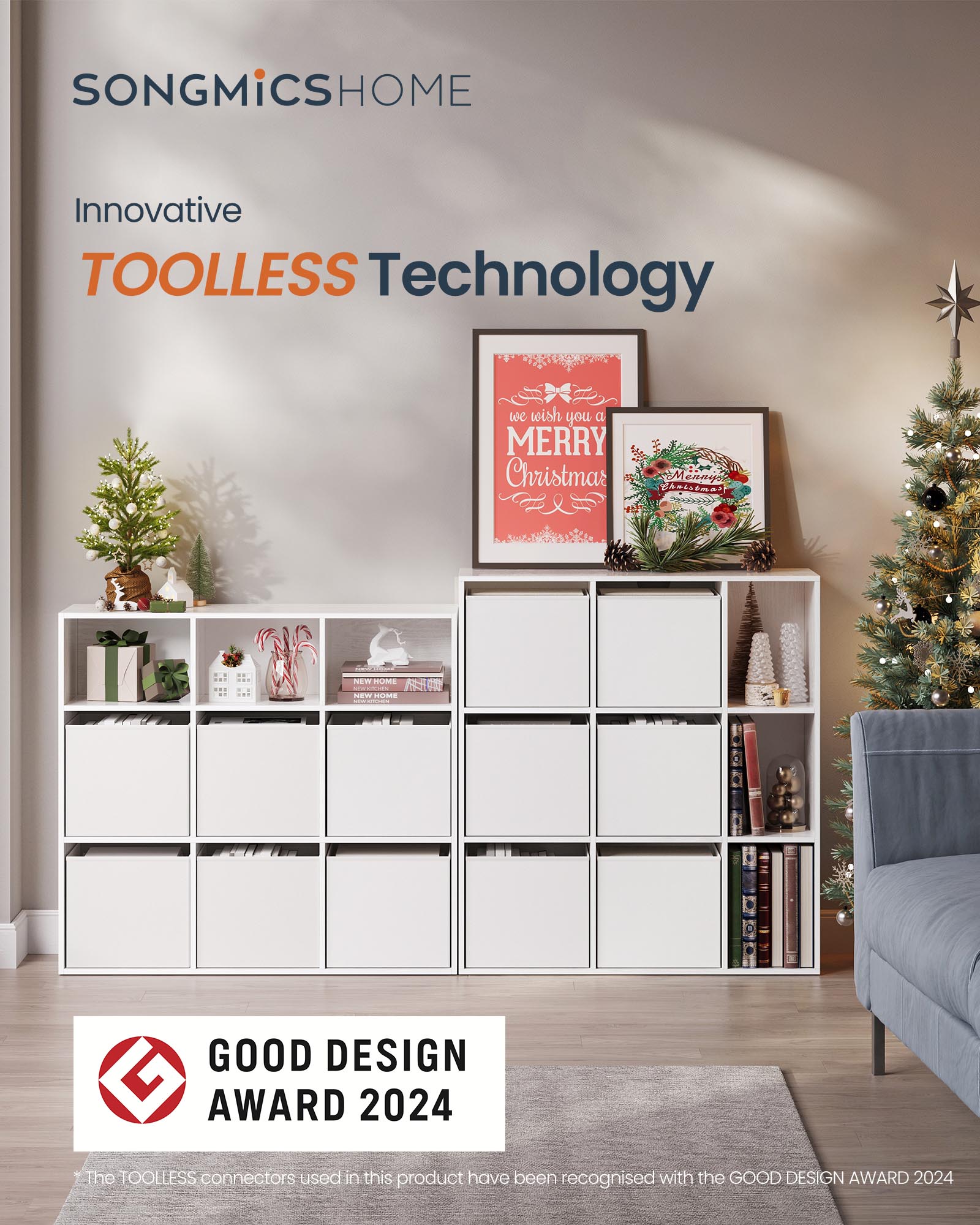 Bookshelf – Engineered Wood – Snow White – 6 Fabric Drawers – Toolless Assembly