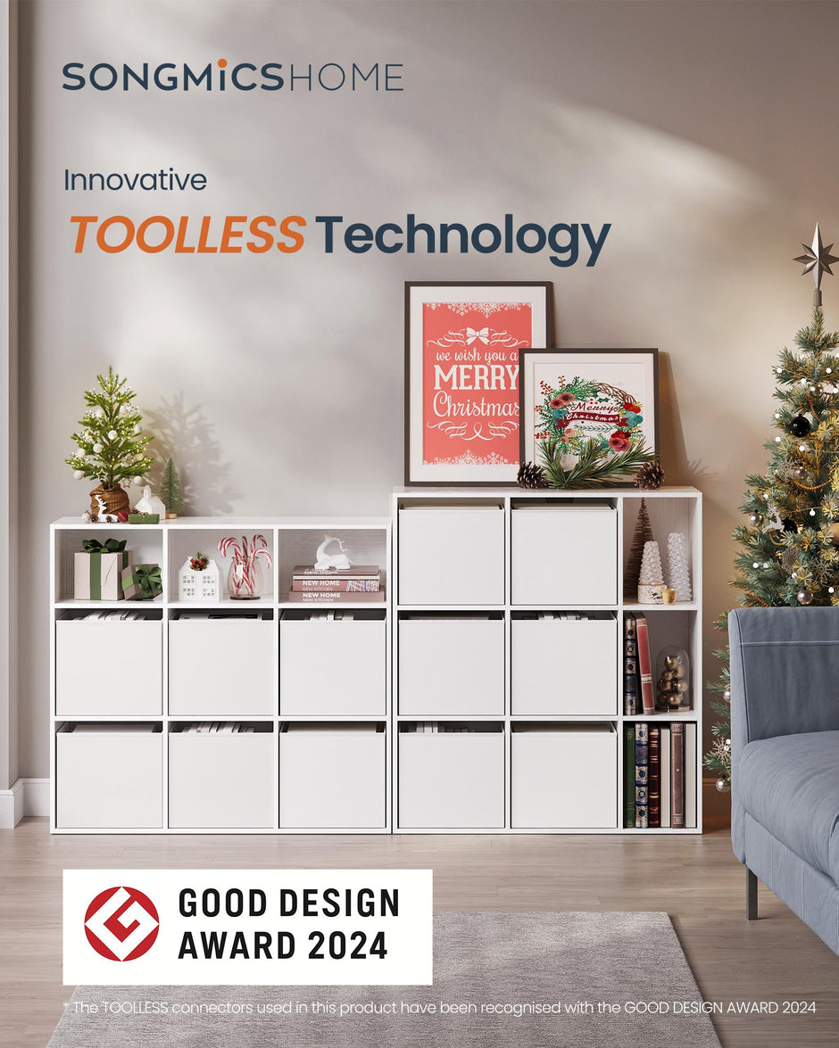 Bookshelf – Engineered Wood – Snow White – 6 Fabric Drawers – Toolless Assembly