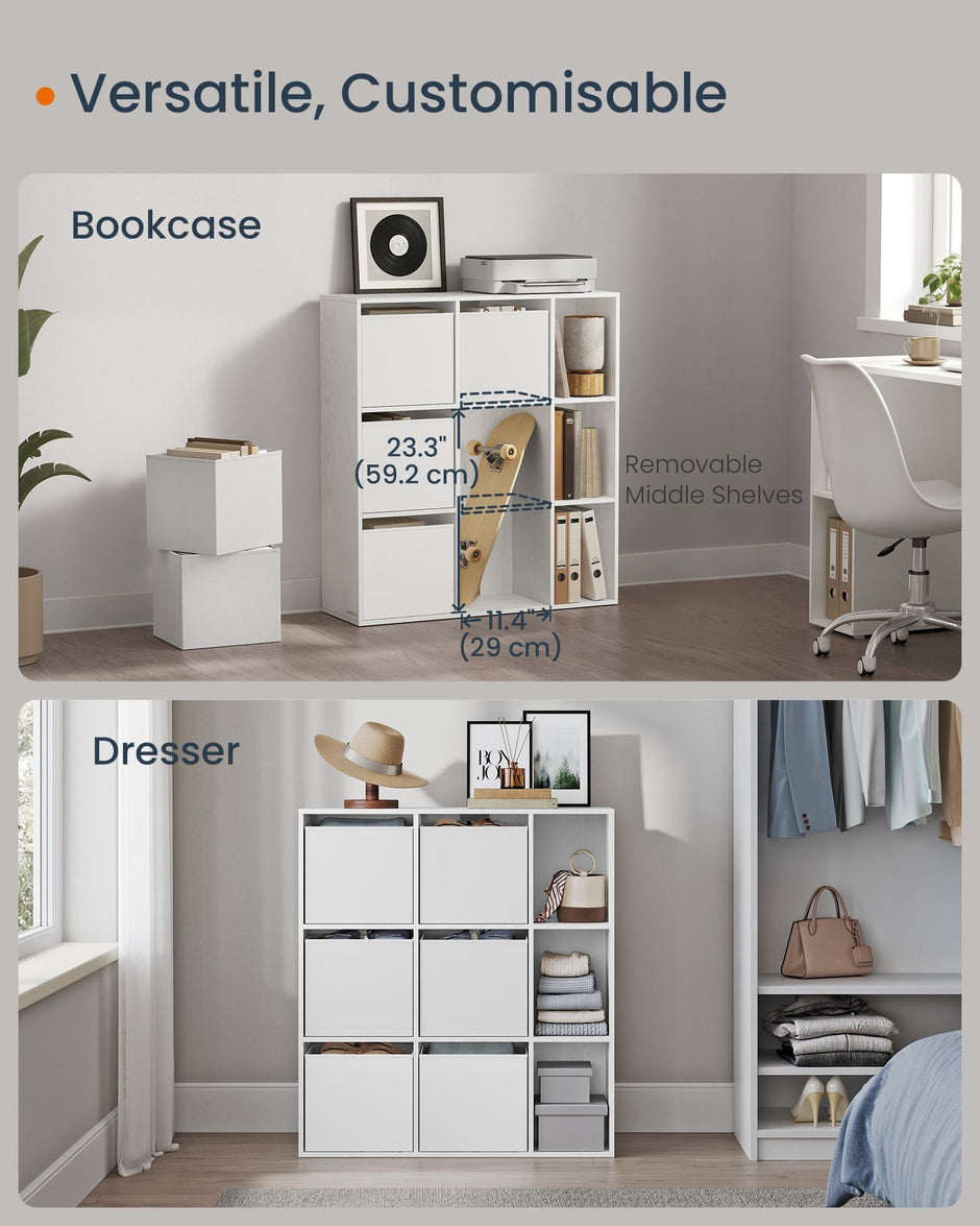 Bookshelf – Engineered Wood – Snow White – 6 Fabric Drawers – Toolless Assembly