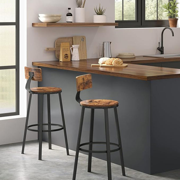 Bar Stools Set of 4 – Steel – Rustic Brown and Black – Industrial Design with Backrest