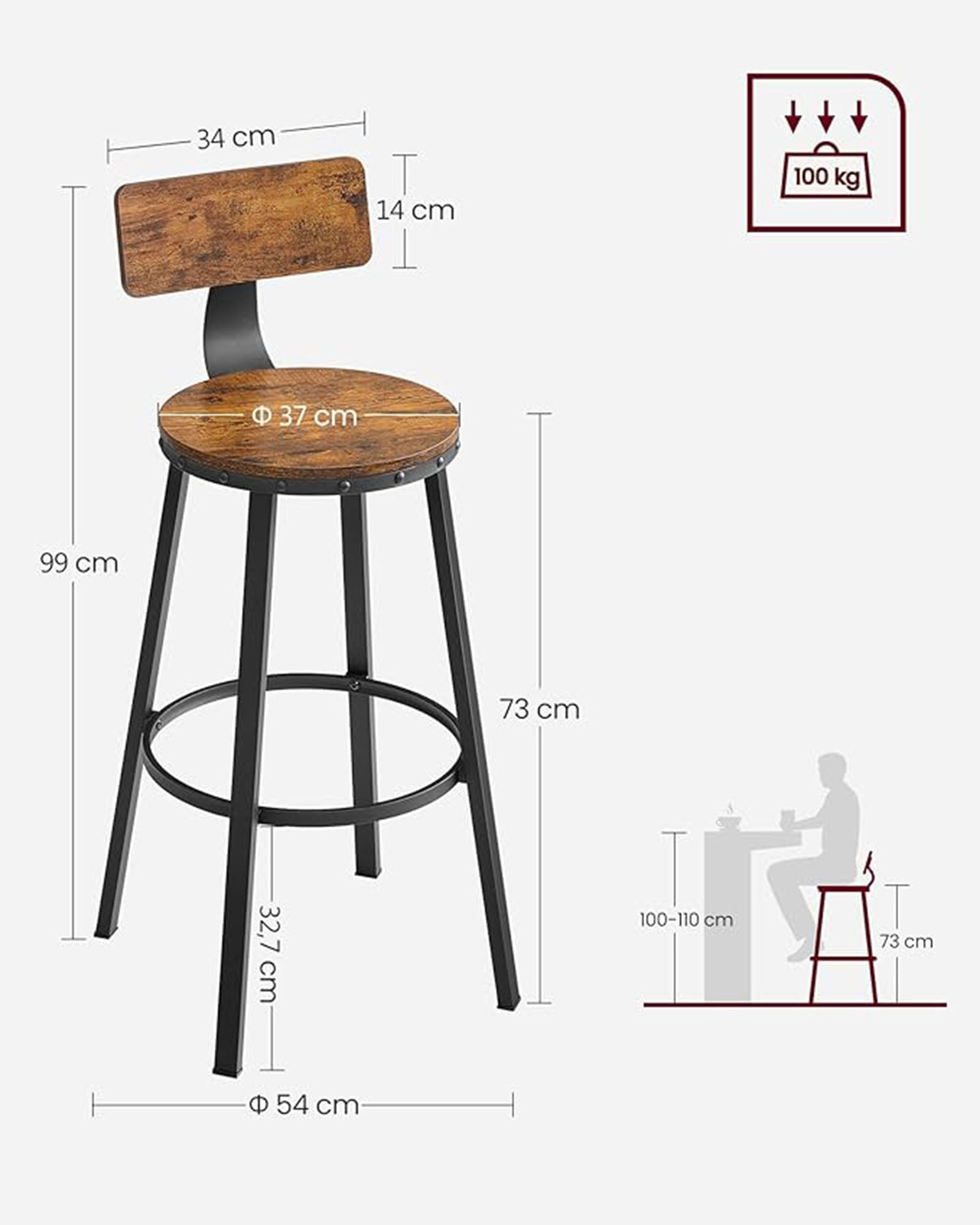 Bar Stools Set of 4 – Steel – Rustic Brown and Black – Industrial Design with Backrest