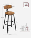 Bar Stools Set of 4 – Steel – Rustic Brown and Black – Industrial Design with Backrest