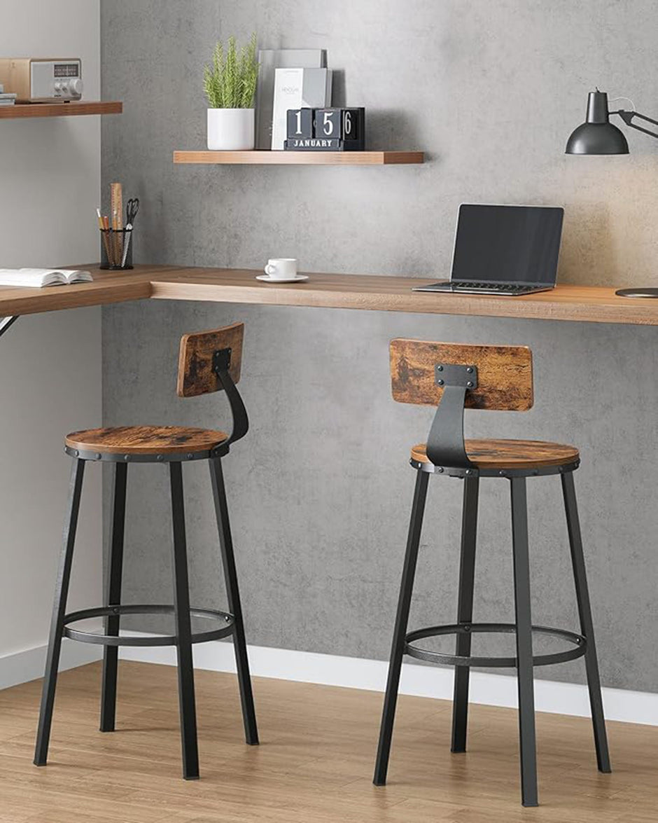 Bar Stools Set of 4 – Steel – Rustic Brown and Black – Industrial Design with Backrest