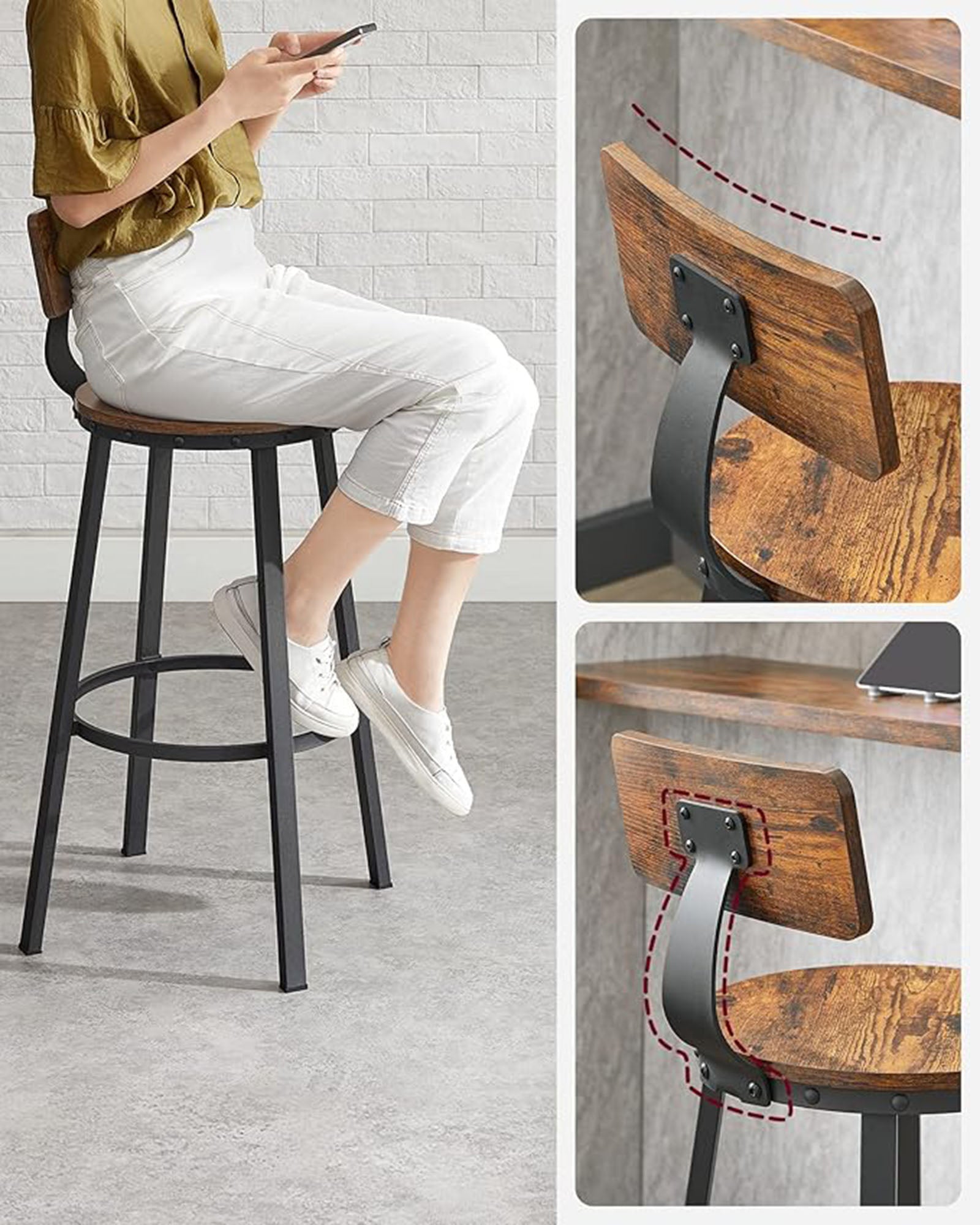 Bar Stools Set of 4 – Steel – Rustic Brown and Black – Industrial Design with Backrest