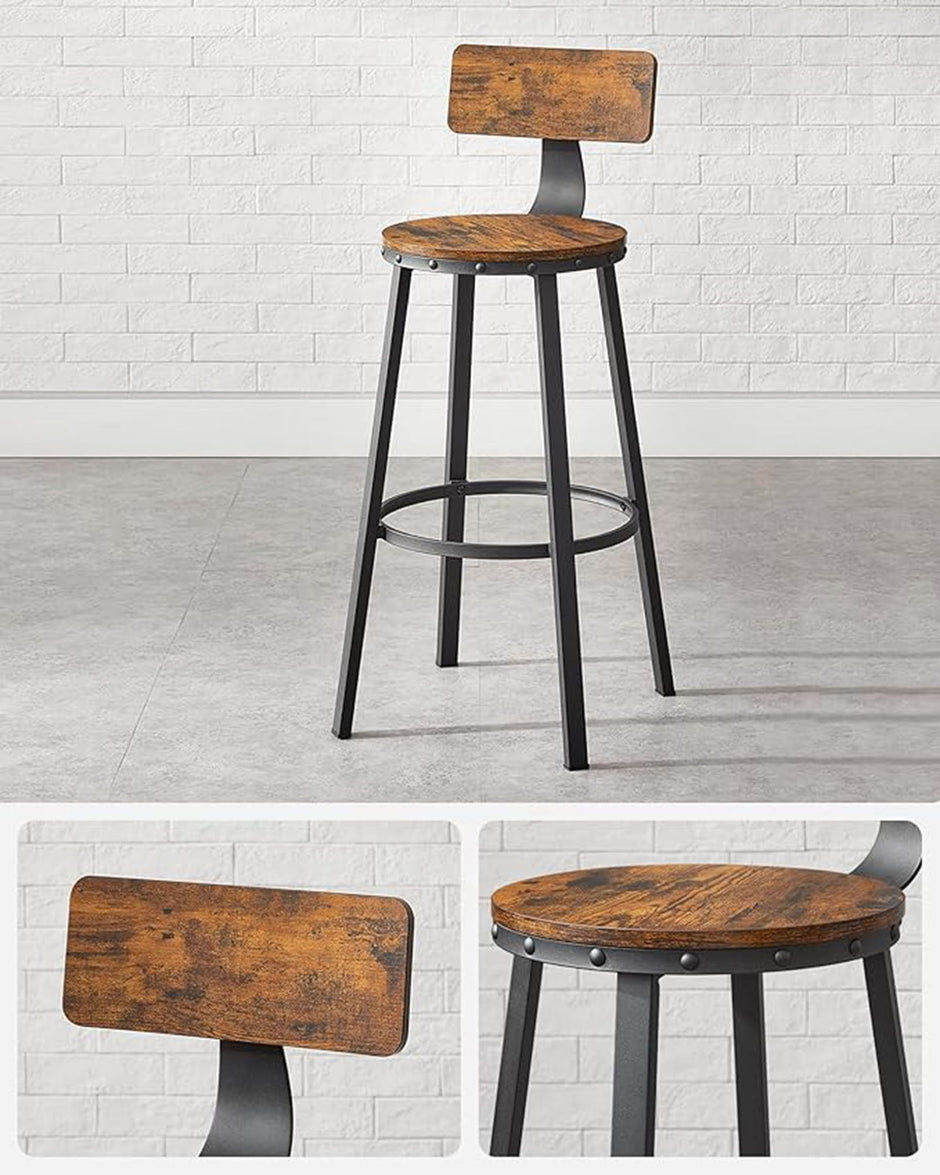 Bar Stools Set of 4 – Steel – Rustic Brown and Black – Industrial Design with Backrest