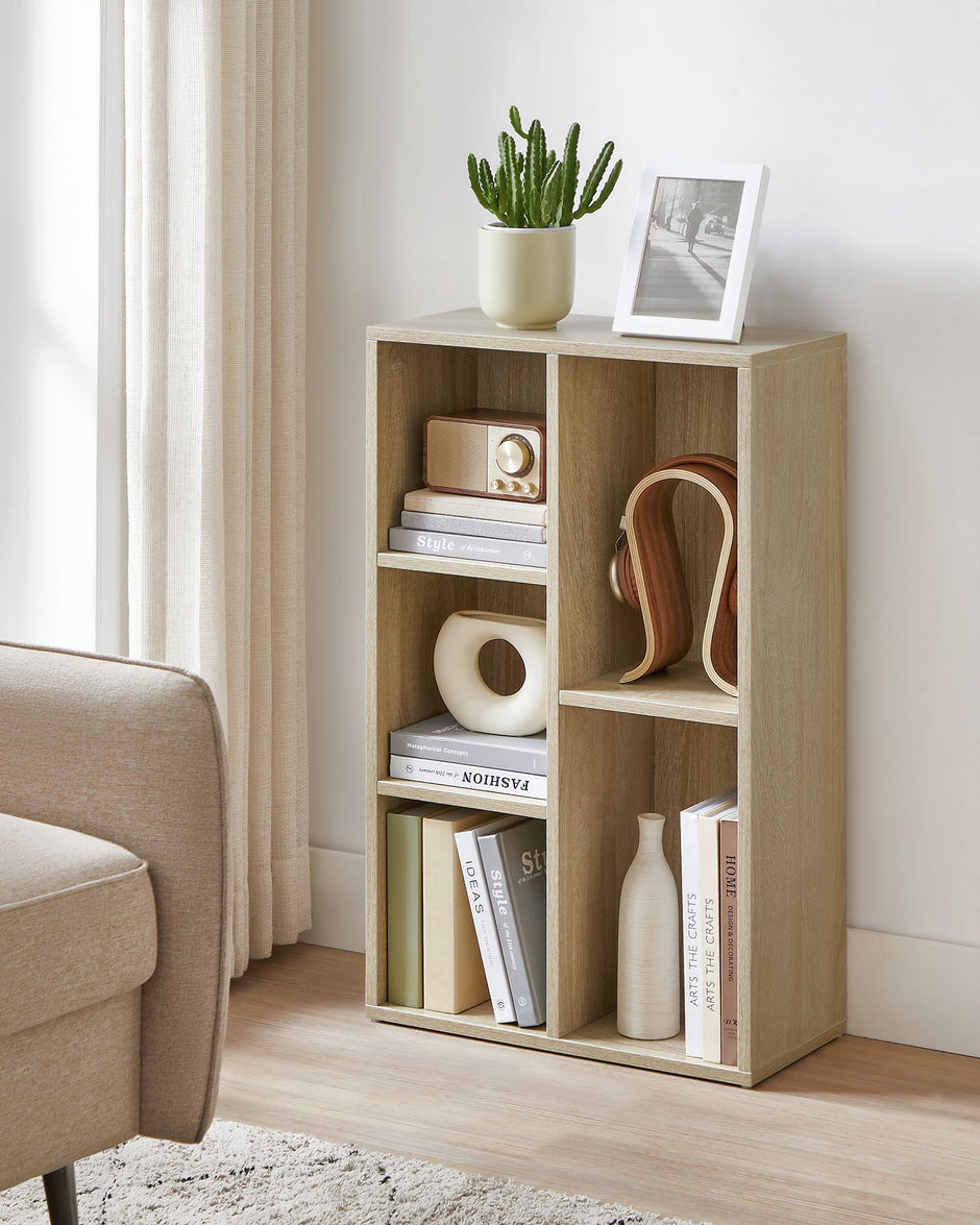 Wooden Bookcase – Oak – 5-Cube Design – Floor Standing Bookshelf