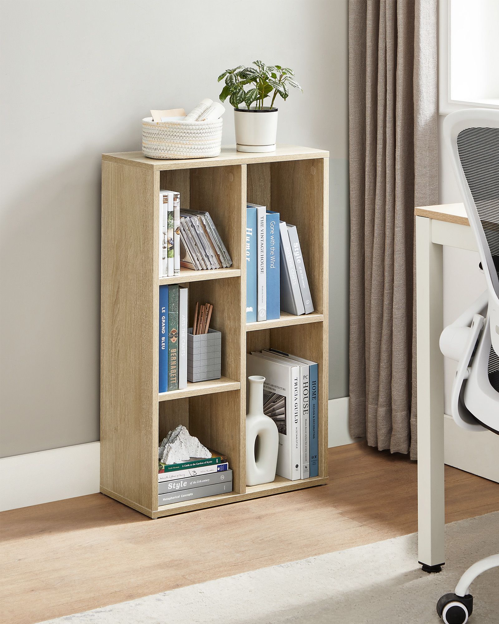 Wooden Bookcase – Oak – 5-Cube Design – Floor Standing Bookshelf