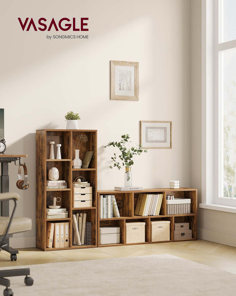 Bookshelf – Wooden – Rustic Brown – 7-Compartment Design for Home Office Storage