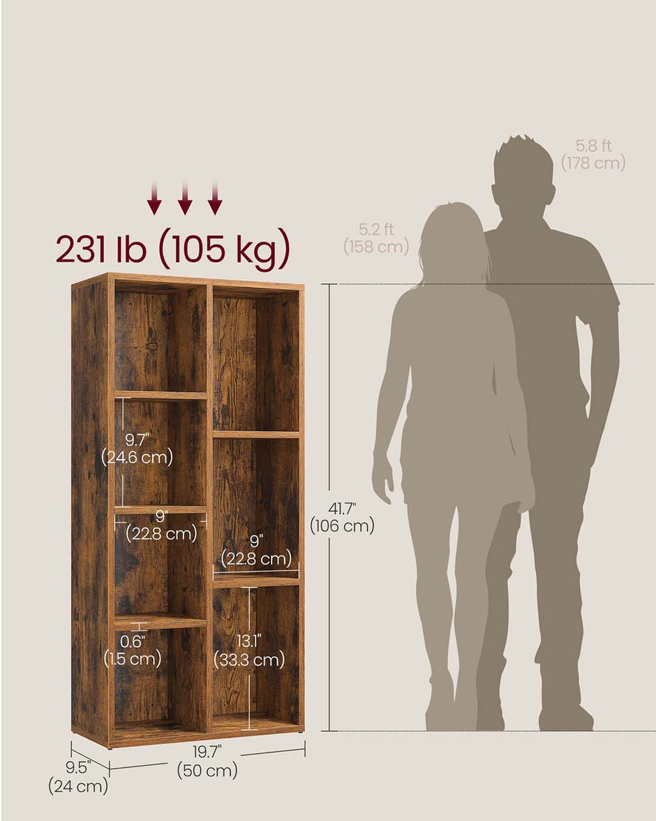 Bookshelf – Wooden – Rustic Brown – 7-Compartment Design for Home Office Storage