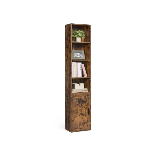 Tall Bookcase – Wooden – Rustic Brown – 6-Tier with Door