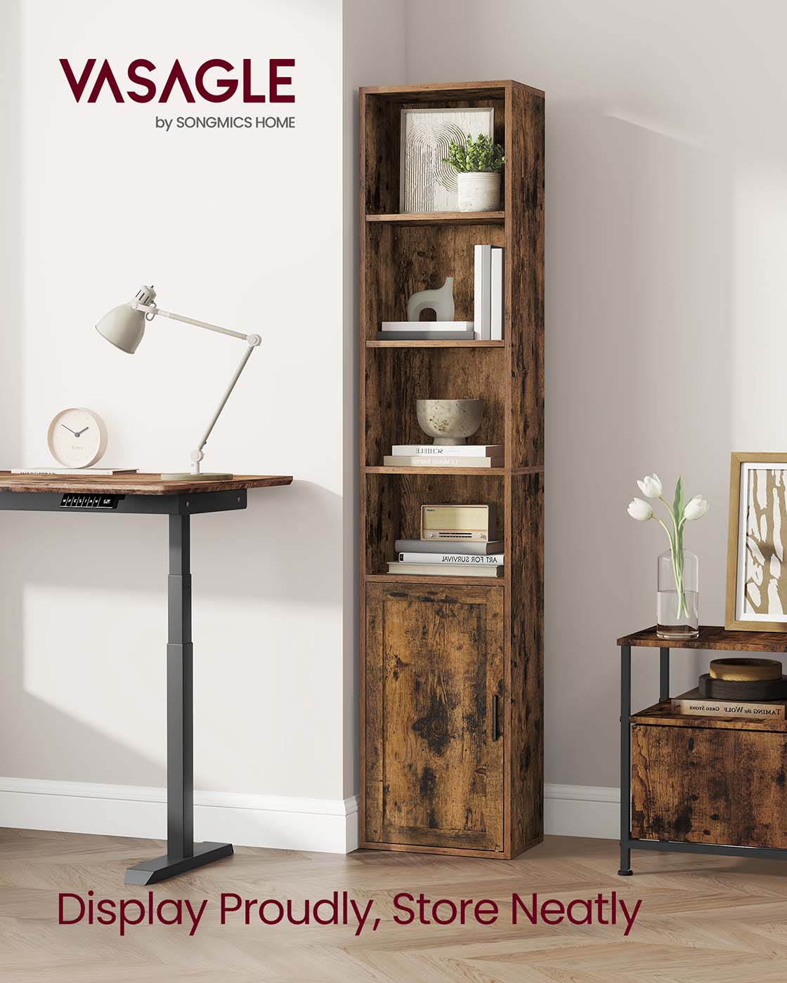 Tall Bookcase – Wooden – Rustic Brown – 6-Tier with Door