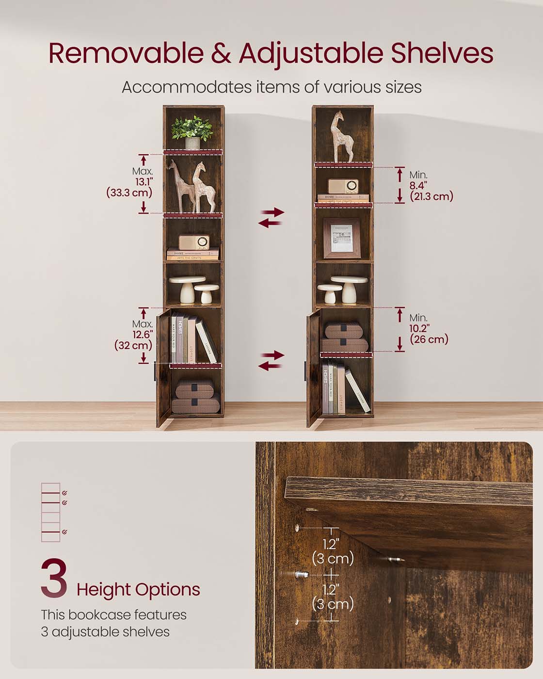 Tall Bookcase – Wooden – Rustic Brown – 6-Tier with Door