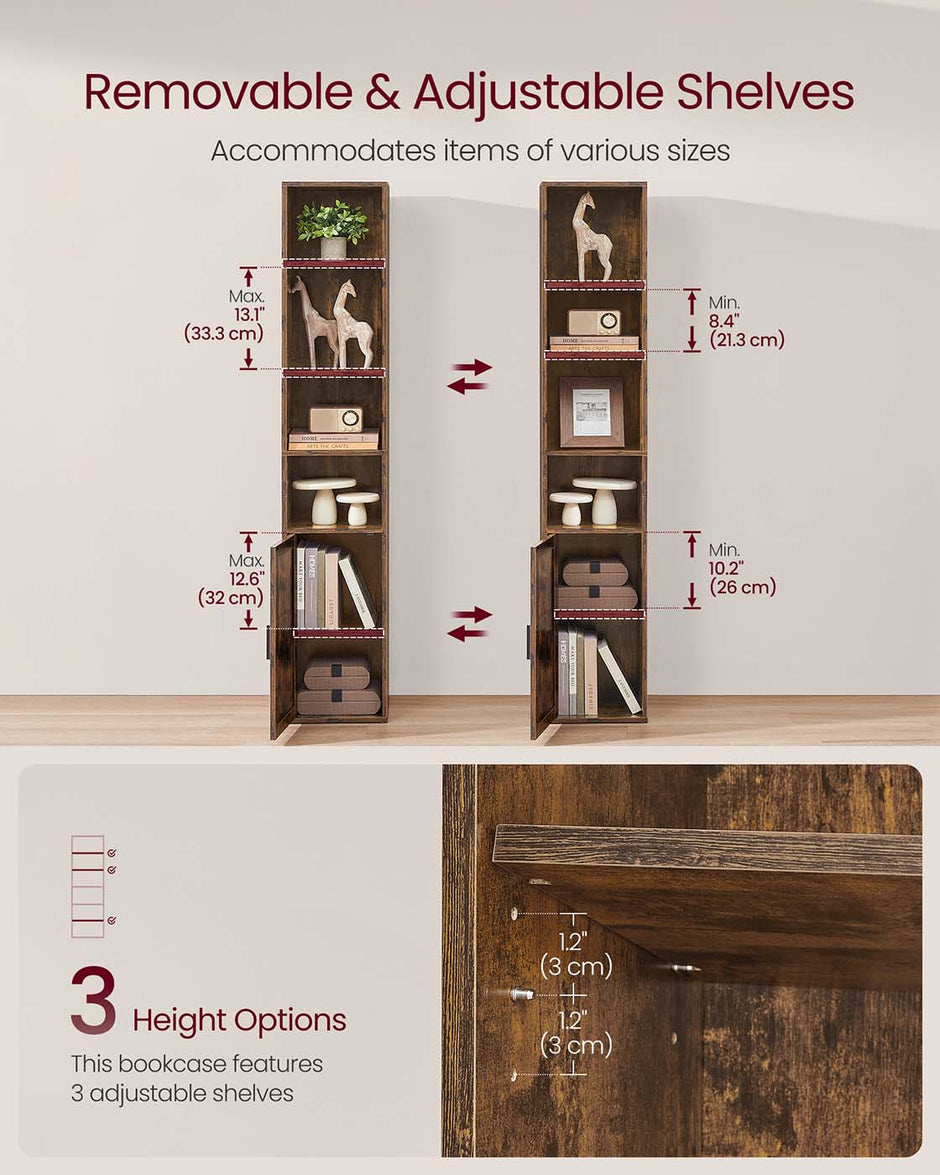 Tall Bookcase – Wooden – Rustic Brown – 6-Tier with Door