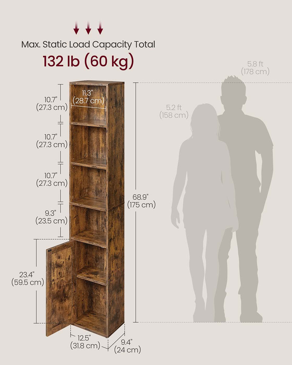 Tall Bookcase – Wooden – Rustic Brown – 6-Tier with Door