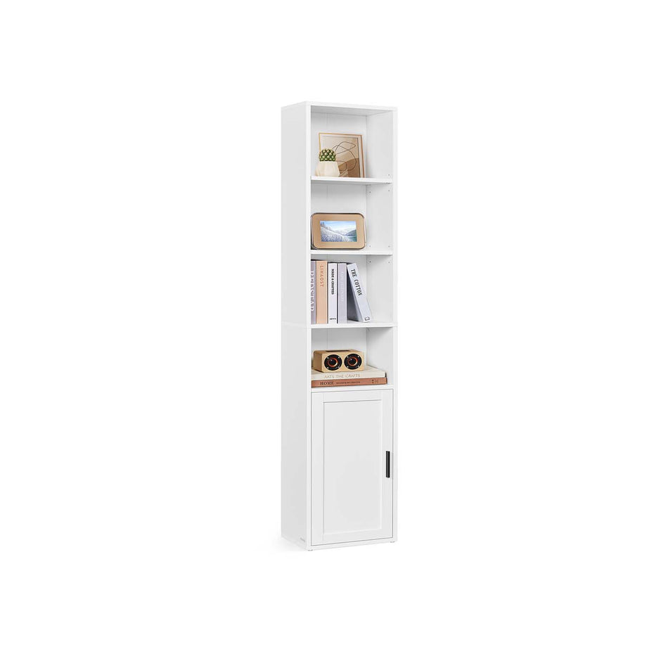 Tall Wooden Bookcase – Wood – Cloud White – 6-Tier with Door