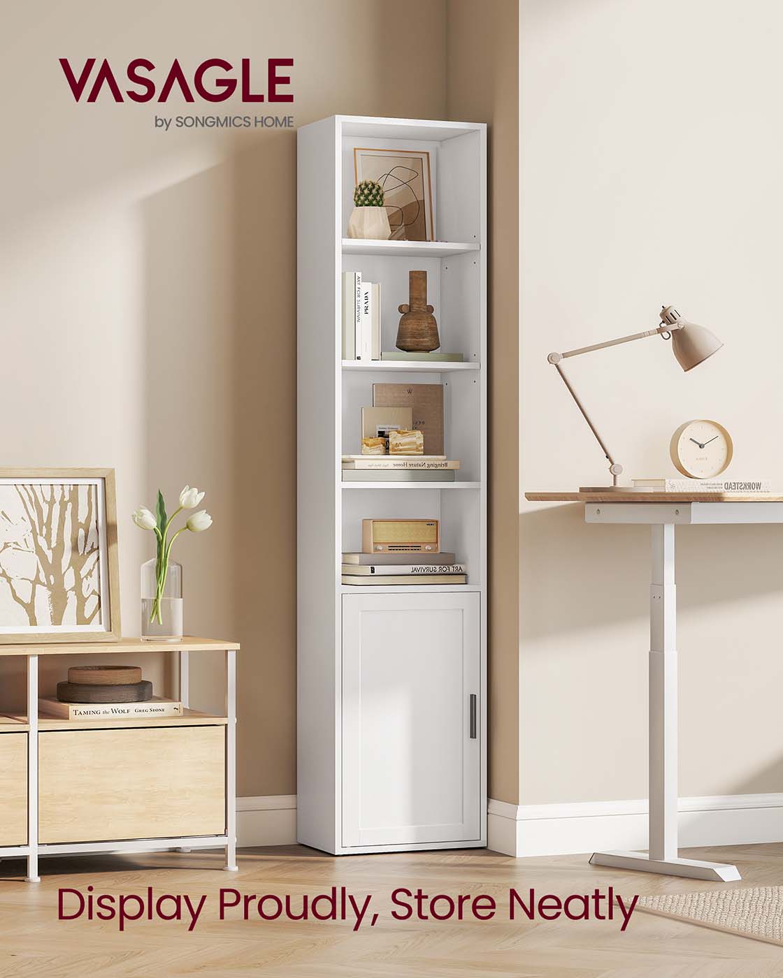 Tall Wooden Bookcase – Wood – Cloud White – 6-Tier with Door