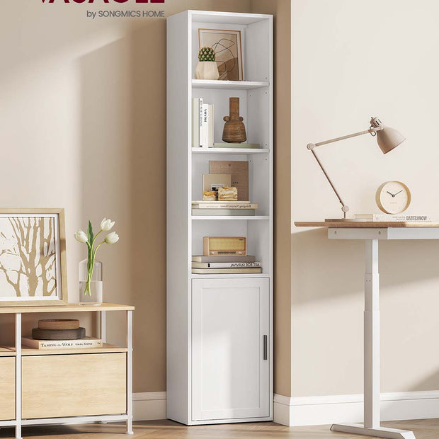 Tall Wooden Bookcase – Wood – Cloud White – 6-Tier with Door