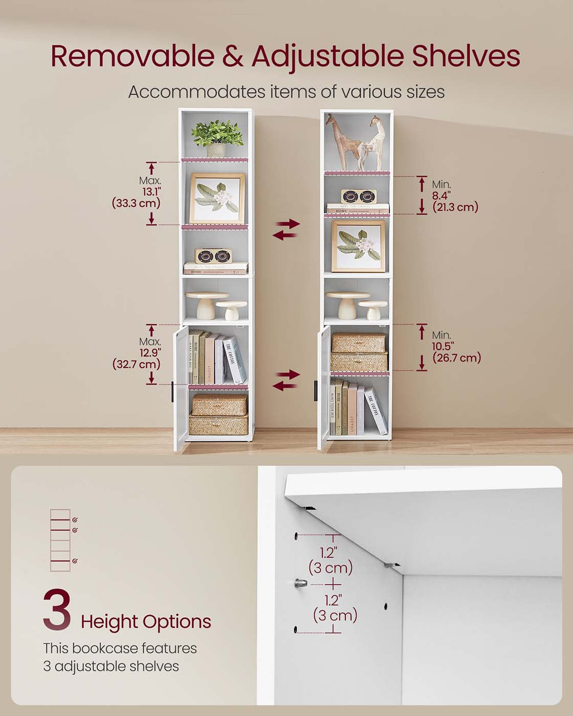 Tall Wooden Bookcase – Wood – Cloud White – 6-Tier with Door