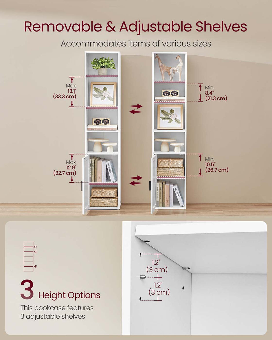 Tall Wooden Bookcase – Wood – Cloud White – 6-Tier with Door