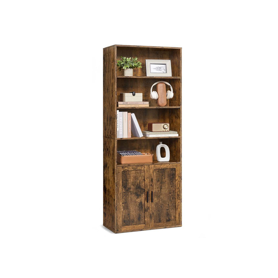 Tall Bookcase – Wooden – Rustic Brown – 6-Tier with Door
