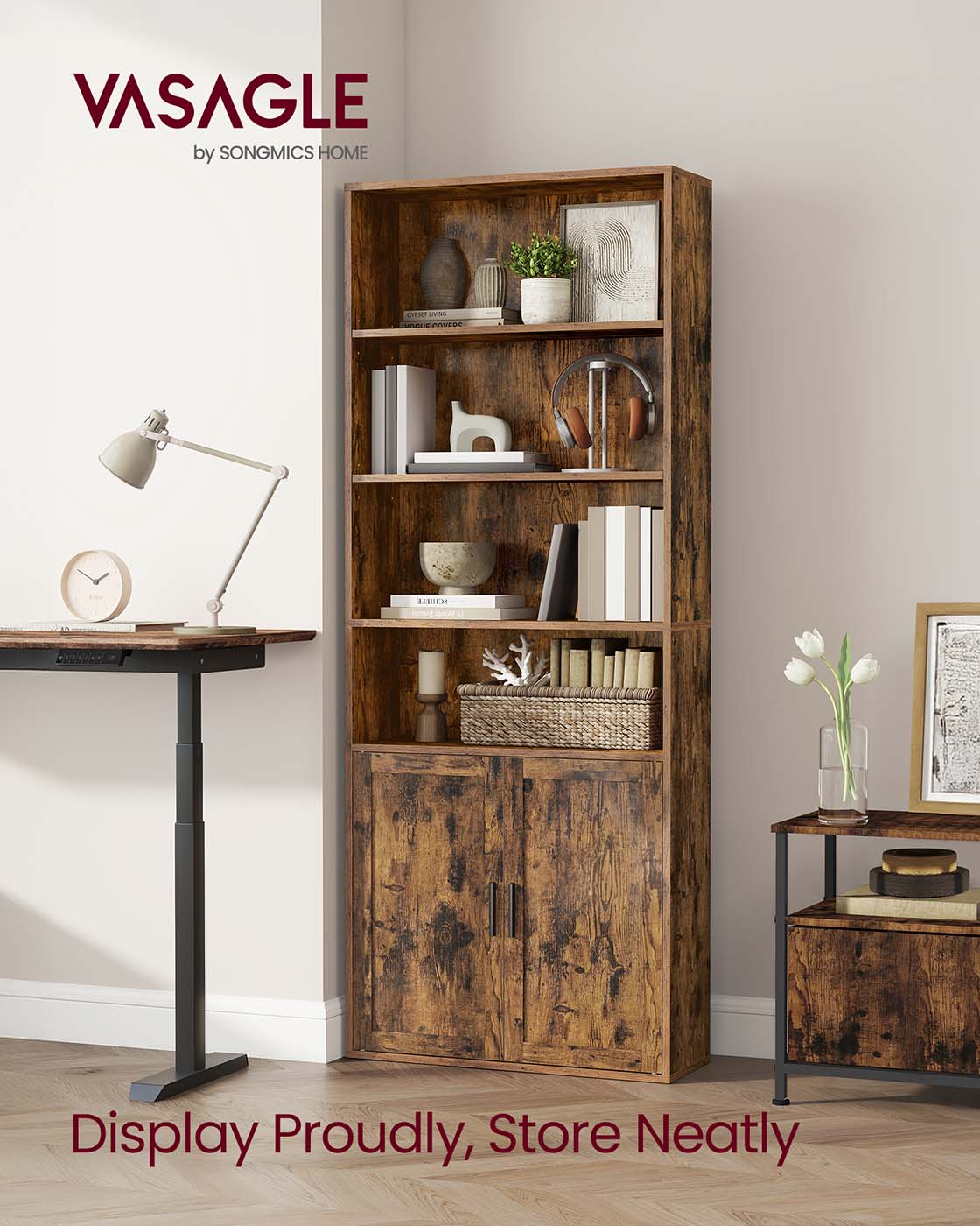 Tall Bookcase – Wooden – Rustic Brown – 6-Tier with Door