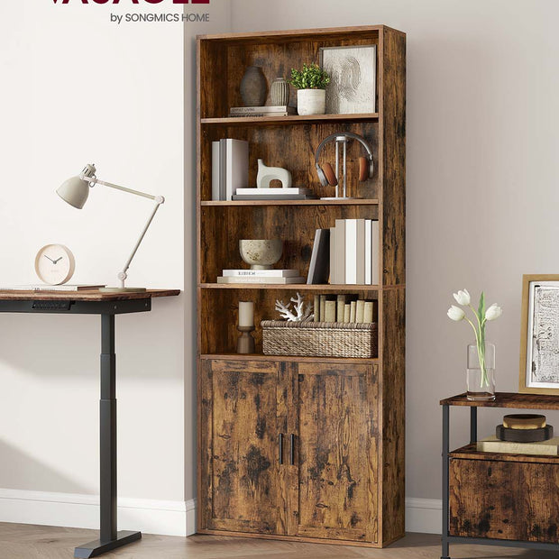 Tall Bookcase – Wooden – Rustic Brown – 6-Tier with Door