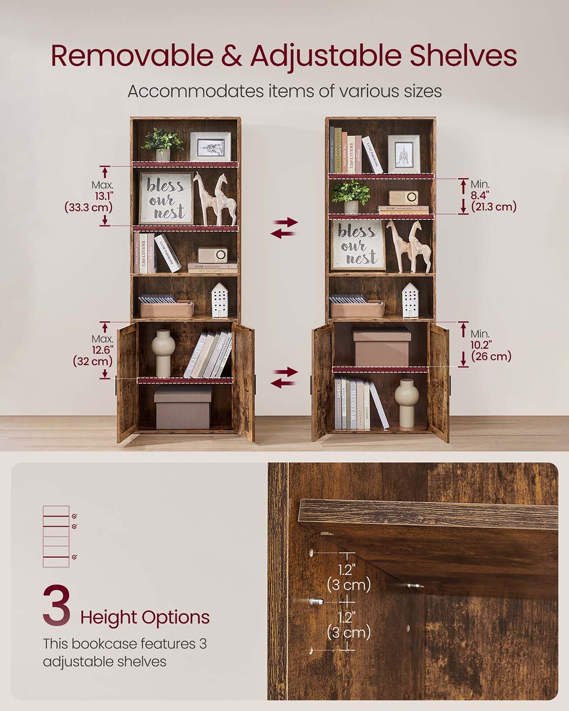Tall Bookcase – Wooden – Rustic Brown – 6-Tier with Door
