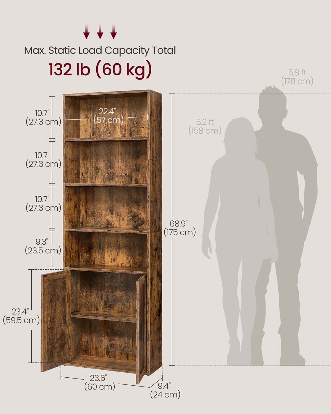 Tall Bookcase – Wooden – Rustic Brown – 6-Tier with Door