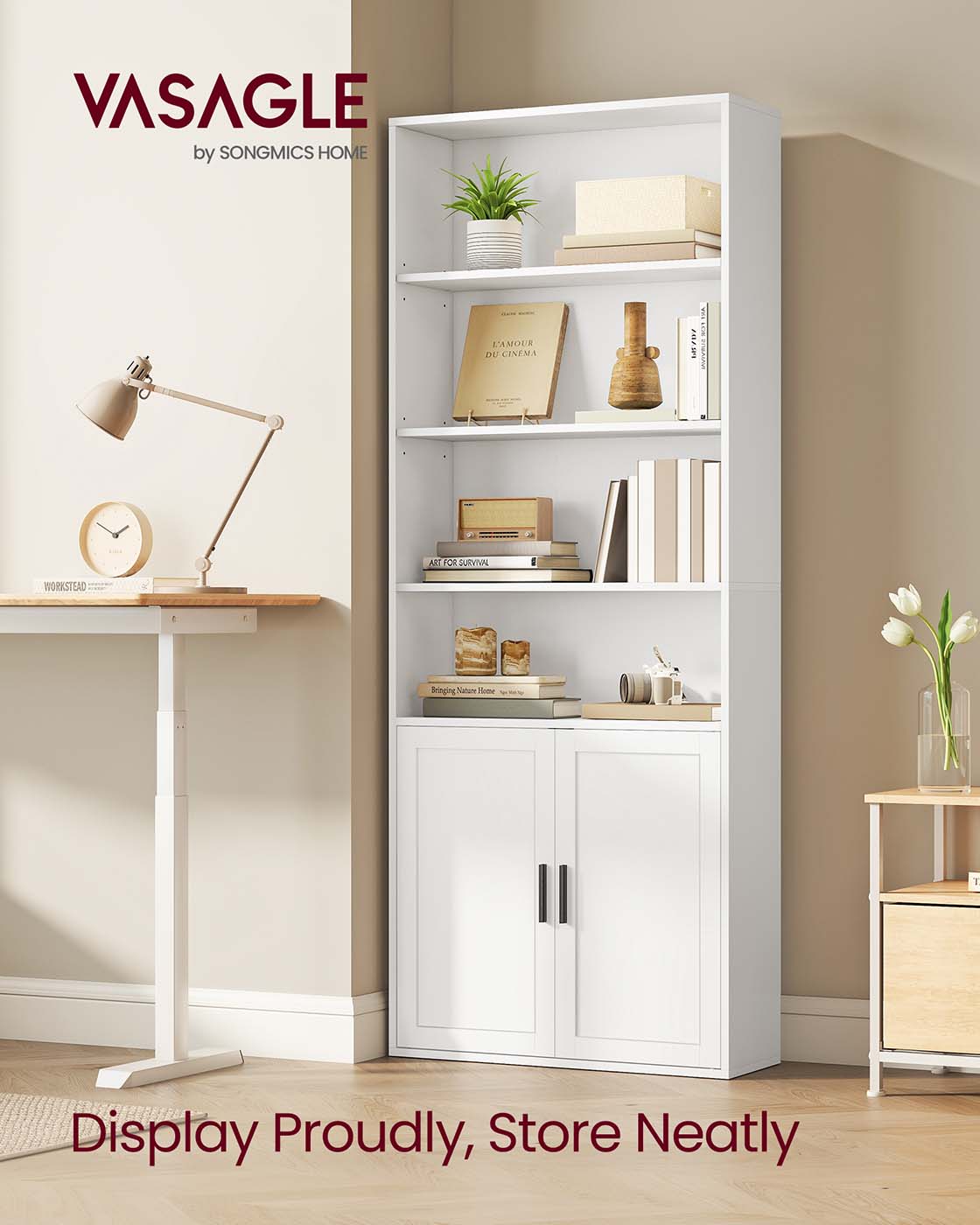 Tall Wooden Bookcase – Wood – Cloud White – 6-Tier with Door