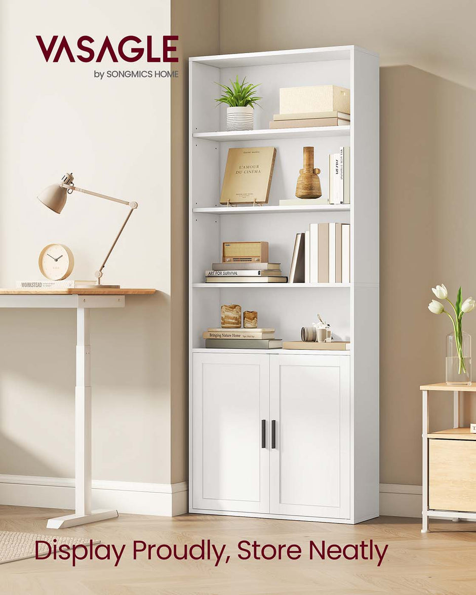 Tall Wooden Bookcase – Wood – Cloud White – 6-Tier with Door
