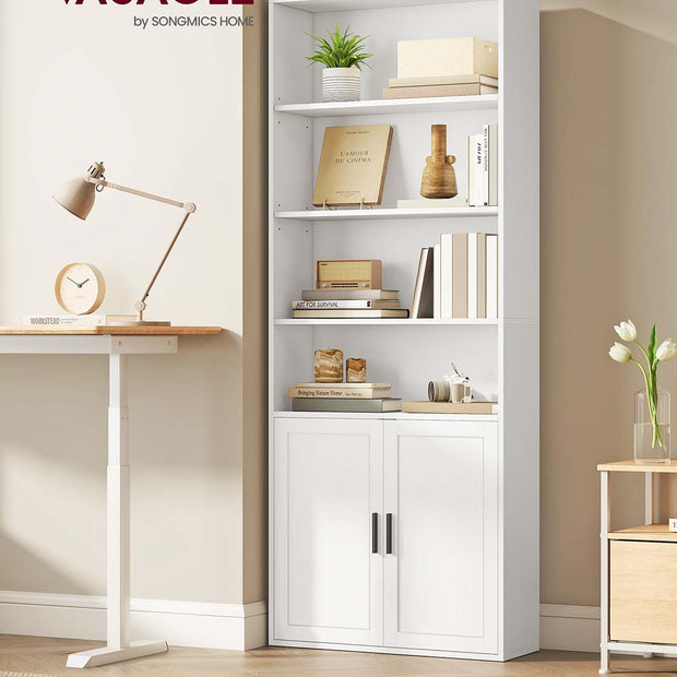 Tall Wooden Bookcase – Wood – Cloud White – 6-Tier with Door