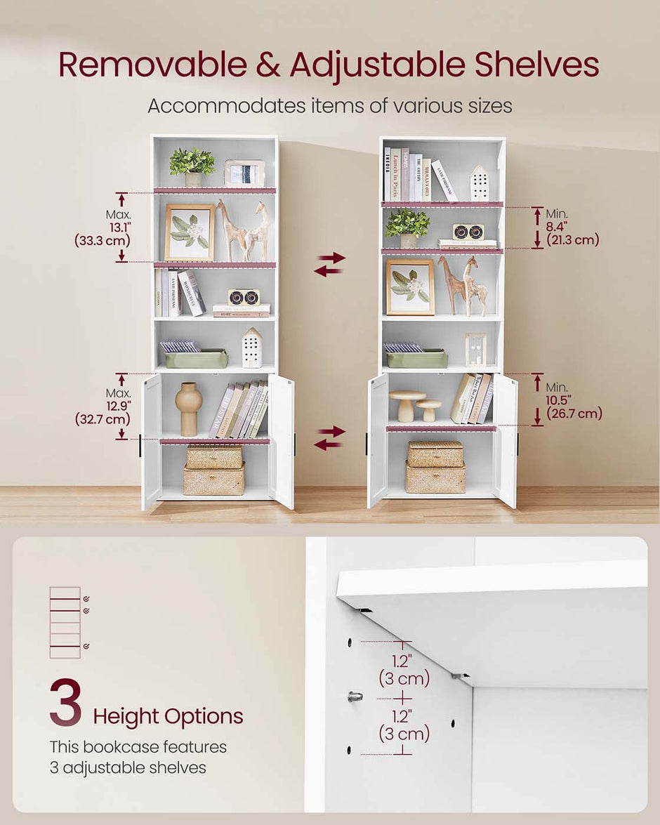Tall Wooden Bookcase – Wood – Cloud White – 6-Tier with Door