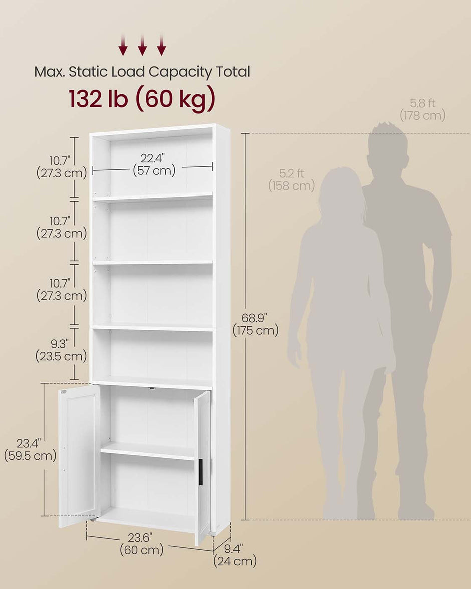 Tall Wooden Bookcase – Wood – Cloud White – 6-Tier with Door