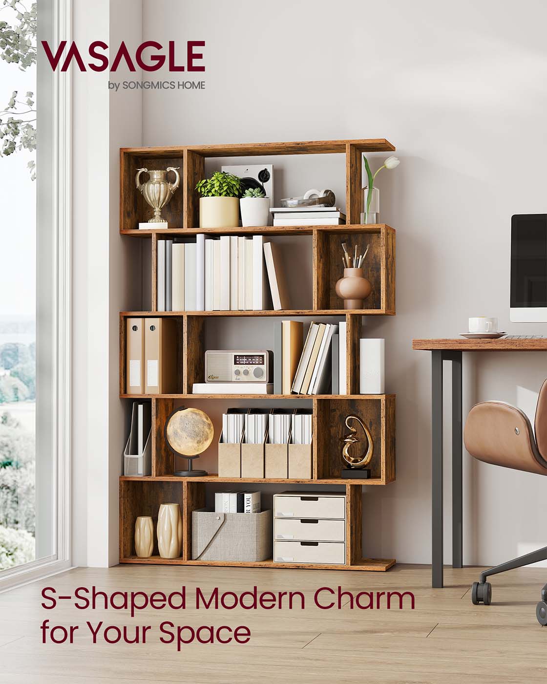 5-Tier Bookshelf – Wooden – Rustic Brown – Open Compartments
