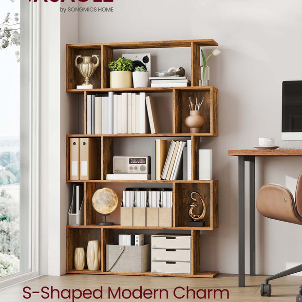5-Tier Bookshelf – Wooden – Rustic Brown – Open Compartments