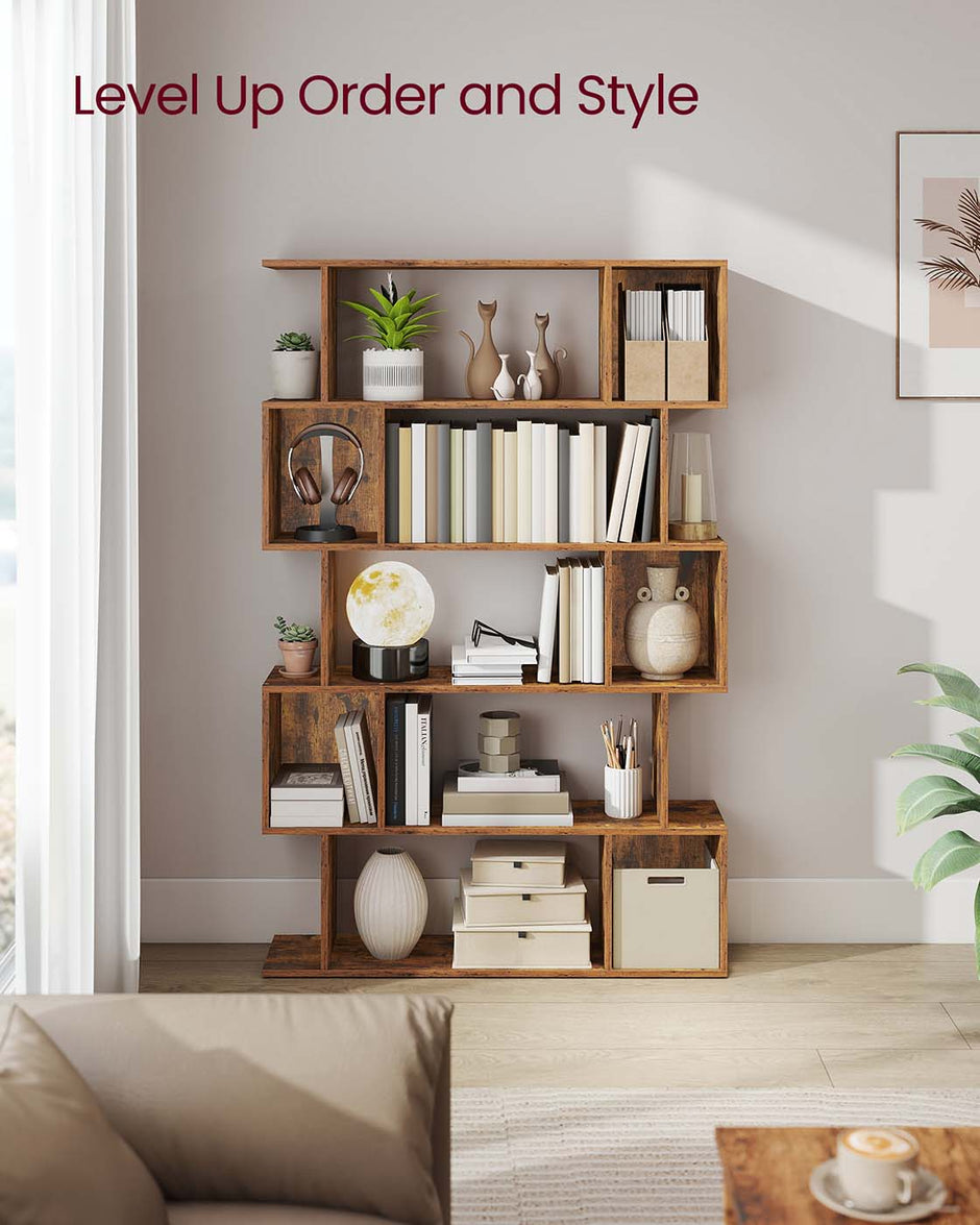 5-Tier Bookshelf – Wooden – Rustic Brown – Open Compartments