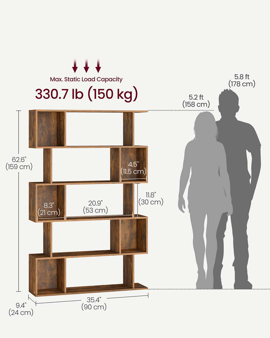 5-Tier Bookshelf – Wooden – Rustic Brown – Open Compartments
