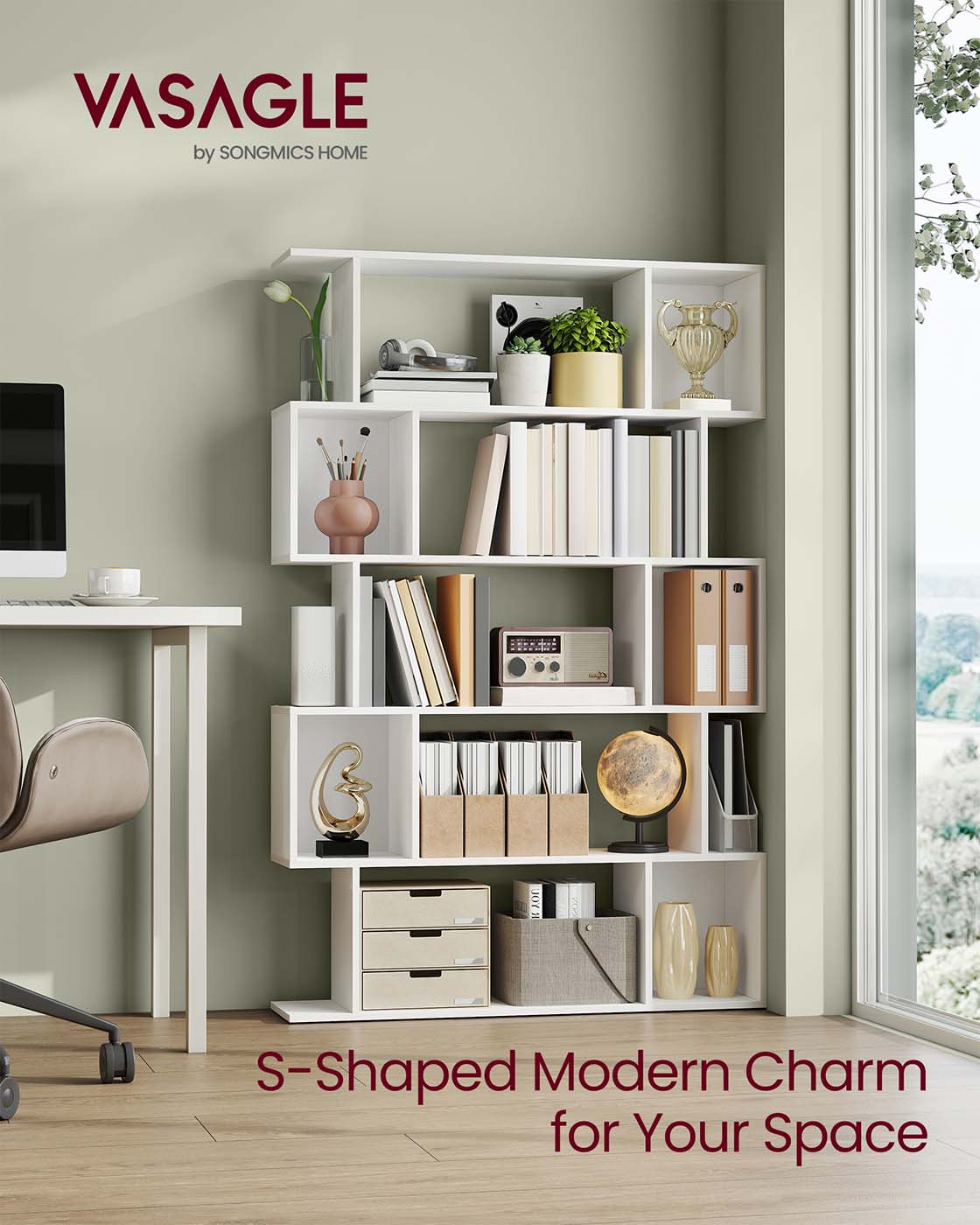 5-Tier Bookshelf – Wooden – Matte White – Open Compartments