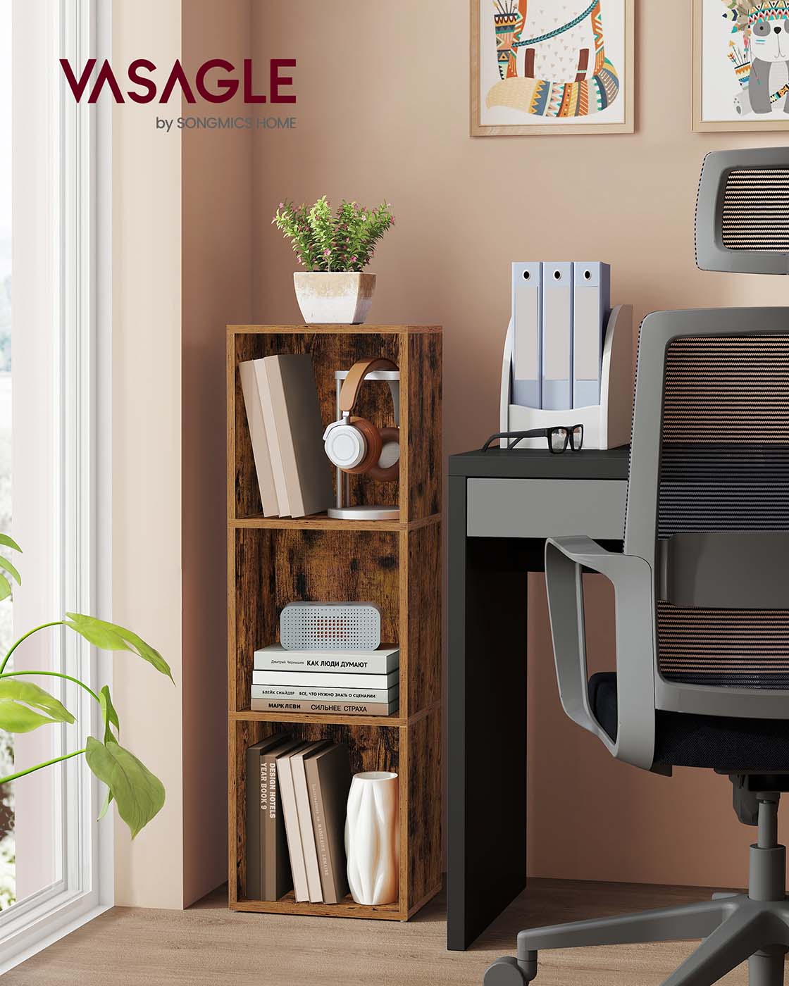 3-Tier Bookshelf – Wood – Rustic Brown – Open Compartments